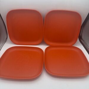 4 VTG 1970’s Tupperware Harvest Orange Luncheon Plates Square 8”